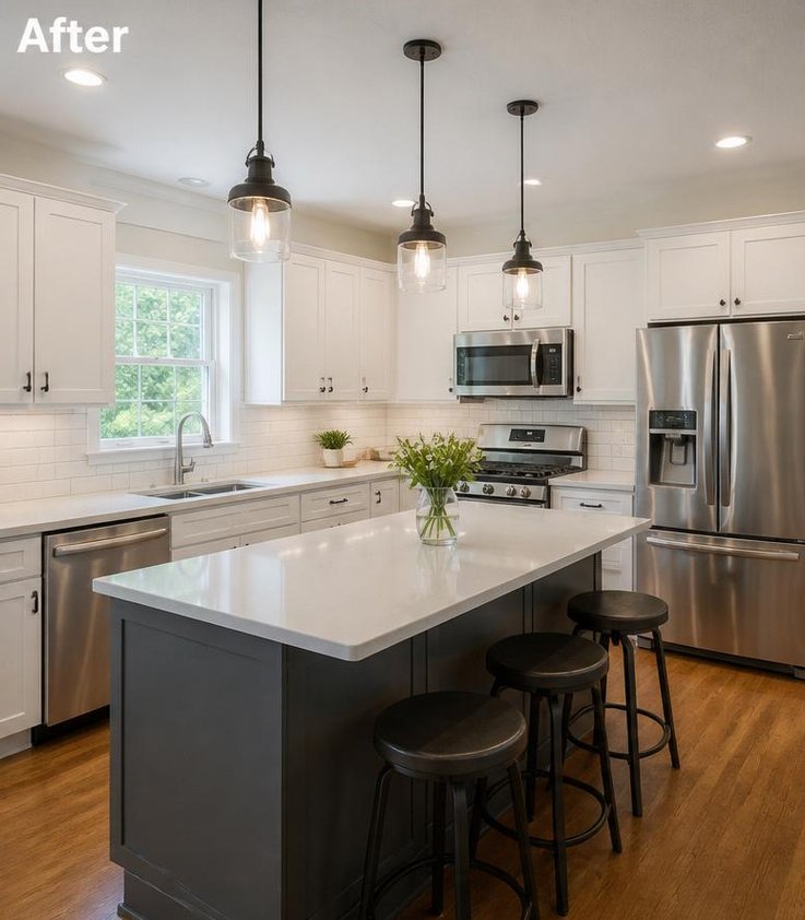 Remodeled kitchen with island and pendant lighting