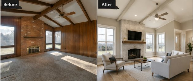 Living room before and after a complete remodel